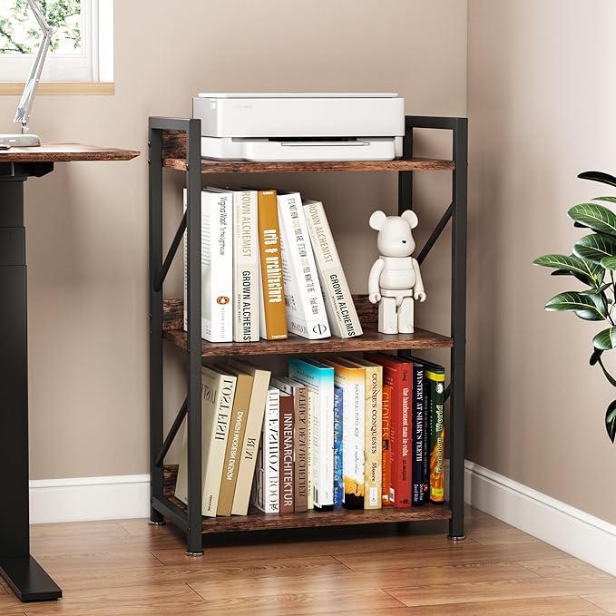 Small Bookshelf for Small Spaces, 3 Tier Bookcase, Narrow Gold Book Shelf, Small Shelf Open Display Rack for Bedroom, Living Room, Home Office,Rustic Brown - LeafyLoom