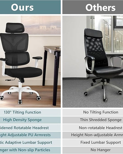 Office Chair Ergonomic Desk Chair, High Back Gaming Chair, Big and Tall Reclining chair Comfy Home Office Desk Chair Lumbar Support Breathable Mesh Computer Chair Adjustable Armrests (White) - LeafyLoom