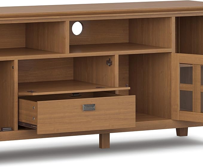 SIMPLIHOME Artisan SOLID WOOD Universal TV Media Stand, 72 inch Wide, Transitional, Living Room Entertainment Center, Storage Cabinet, for Flat Screen TVs up to 80 inches in Honey Brown - LeafyLoom