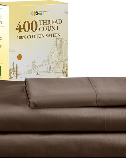 California Design Den 100% Cotton Sheets Twin XL, 400 Thread Count Sateen - Soft, Breathable & Cooling Brown Sheet Set, 3-Pc Deep Pocket Bed Sheets - Brown - LeafyLoom