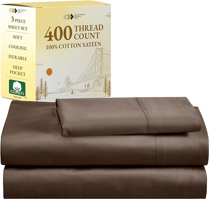 California Design Den 100% Cotton Sheets Twin XL, 400 Thread Count Sateen - Soft, Breathable & Cooling Brown Sheet Set, 3-Pc Deep Pocket Bed Sheets - Brown - LeafyLoom