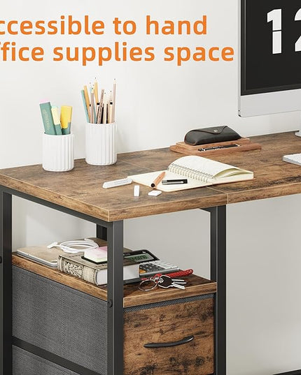 47'' Office Desk with 4 Fabric File Drawers - File Drawer Organization, Computer Work Desk, Study Writing Table, Home Office Workstation, Rustic Brown - LeafyLoom