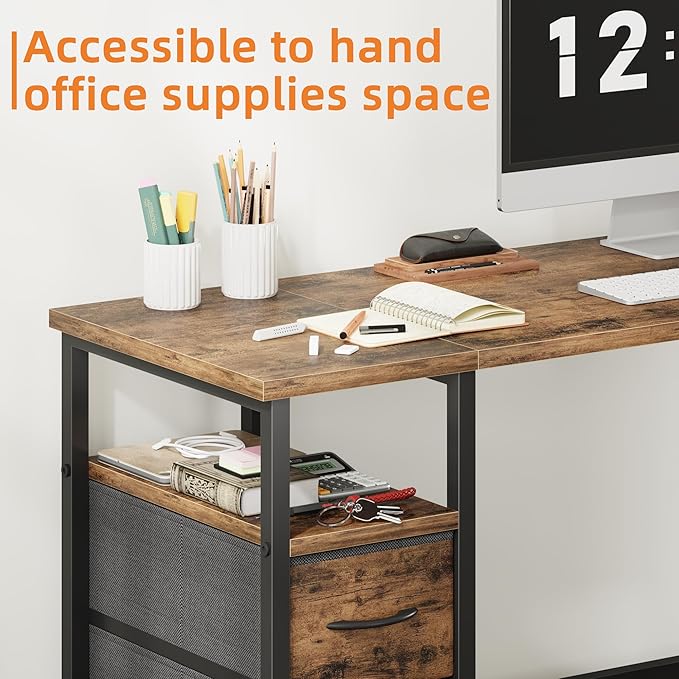47'' Office Desk with 4 Fabric File Drawers - File Drawer Organization, Computer Work Desk, Study Writing Table, Home Office Workstation, Rustic Brown - LeafyLoom