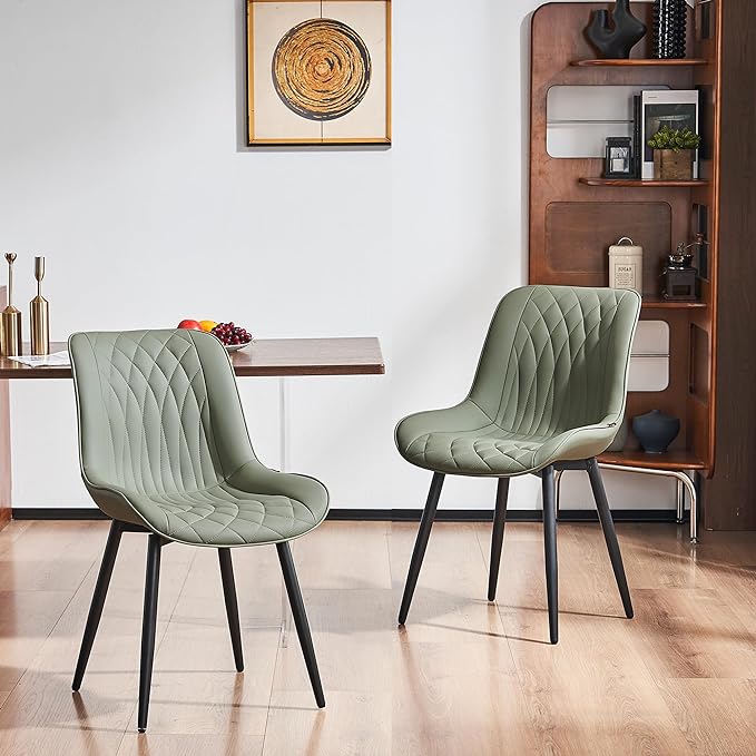 YOUNIKE Olive Green Dining Chairs set of 2 with High Backs Mid Century Modern Kitchen & Dining Room Chairs PU Faux Leather Upholstered sillas de comedor Comfortable Padded Accent Chairs with Metal Leg - LeafyLoom