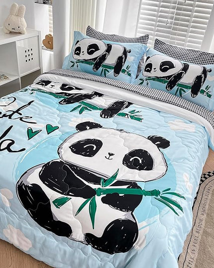 Wajade Kids Panda Comforter Set Bed in A Bag Twin Size 7 Piece Blue 3D Cute Panda Bamboo Clouds Bedding Set for Girls Boys (1 Comforter, 1 Flat Sheet, 1 Fitted Sheet, 2 Pillowcase and 2 Pillow Sham) - LeafyLoom
