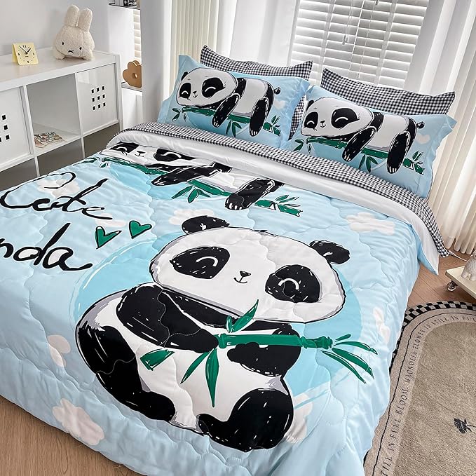 Wajade Kids Panda Comforter Set Bed in A Bag Full Size 7 Piece Blue 3D Cute Panda Bamboo Clouds Bedding Set for Girls Boys (1 Comforter, 1 Flat Sheet, 1 Fitted Sheet, 2 Pillowcase and 2 Pillow Sham) - LeafyLoom