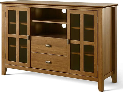 SIMPLIHOME Artisan SOLID WOOD Universal TV Media Stand, 53 inch Wide, Contemporary, Living Room Entertainment Center, Storage Shelves and Cabinets, for Flat Screen TVs up to 60 inches in Honey Brown - LeafyLoom