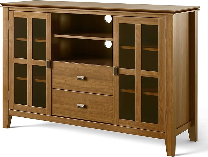 SIMPLIHOME Artisan SOLID WOOD Universal TV Media Stand, 53 inch Wide, Contemporary, Living Room Entertainment Center, Storage Shelves and Cabinets, for Flat Screen TVs up to 60 inches in Honey Brown - LeafyLoom