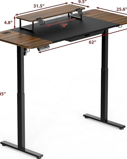 SHW 62-Inch Extra Large Electric Height Adjustable Standing Desk with Monitor Riser and Drawer, 62 x 28 Inches, Walnut - LeafyLoom
