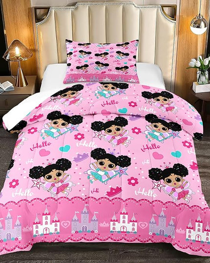 Girl Comforter Set Twin Size, Black Girl Comforter Set, African American Little Girl Twin Comforter Sets Decor for Girls Bedroom 2 Piece Pink Twin Quilt Set with 1 Comforter 1 Pillowcases - LeafyLoom