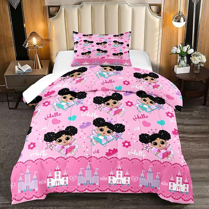 Girl Comforter Set Twin Size, Black Girl Comforter Set, African American Little Girl Twin Comforter Sets Decor for Girls Bedroom 2 Piece Pink Twin Quilt Set with 1 Comforter 1 Pillowcases - LeafyLoom