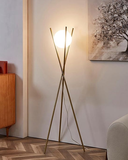 Solstice Glass Globe Floor Lamp - Mid Century Modern Standing Lamp for Living Room, Contemporary Design Standing Dimmable Lamp, Tall Lamp for Bedroom, Living Room, Home Office, Brass Gold - LeafyLoom