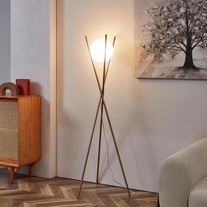 Solstice Glass Globe Floor Lamp - Mid Century Modern Standing Lamp for Living Room, Contemporary Design Standing Dimmable Lamp, Tall Lamp for Bedroom, Living Room, Home Office, Brass Gold - LeafyLoom