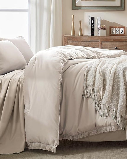 Andency Oatmeal Comforter Set Full Size, 3 Pieces Boho Tassel Lightweight Bedding Comforter Sets, All Season Soft Fluffy Fringe Bed Set (79x90In Comforter & 2 Pillowcases) - LeafyLoom