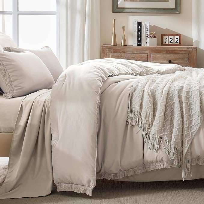 Andency Oatmeal Comforter Set Full Size, 3 Pieces Boho Tassel Lightweight Bedding Comforter Sets, All Season Soft Fluffy Fringe Bed Set (79x90In Comforter & 2 Pillowcases) - LeafyLoom