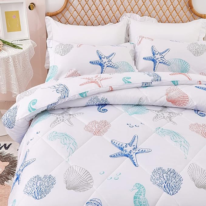 JSD Beach Theme 3 Piece Full Kids Comforter Set, Jellyfish Starfish Shell Printed Comforter with Pillow Sham, Soft Comfortable Machine Washable - LeafyLoom