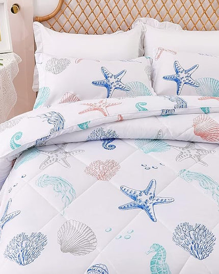 JSD Beach Theme 2 Piece Twin Kids Comforter Set, Jellyfish Starfish Shell Printed Comforter with Pillow Sham, Soft Comfortable Machine Washable - LeafyLoom