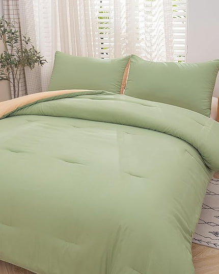 NINENINE Sage Green Comforter Set Queen,Light Green Bedding Set,Comforter Set for Women Men, Solid Color Camel Green Comforter Sets with 1 Comforter 2Pillowcases - LeafyLoom