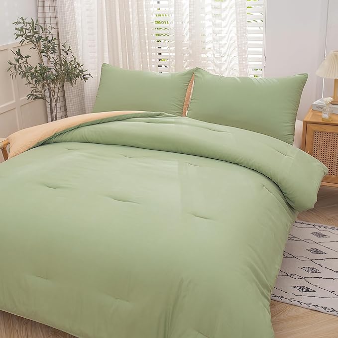 NINENINE King Comforter Set Sage Green Bedding Light Green Comforter Set Comforter Set for Women Men Solid Color Camel Green Comforter Sets with 1 Comforter 2Pillowcases - LeafyLoom