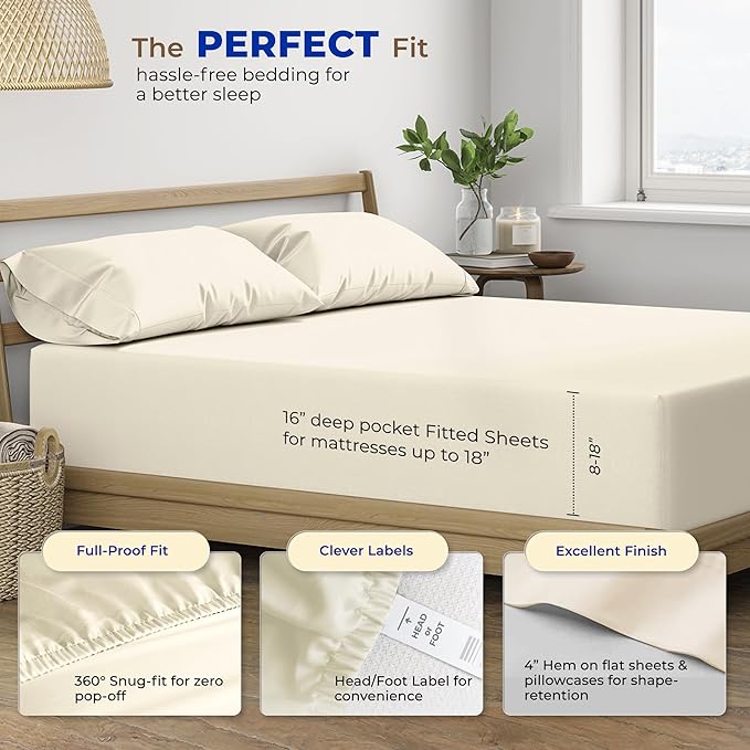 THREAD SPREAD 100% Egyptian Cotton Split King Sheets Sets for Adjustable Bed - 600 Thread Count 5 PC Top Split King Sheets, 16" Deep Pocket Soft Cooling Sheets for Split King Adjustable Bed - Ivory - LeafyLoom
