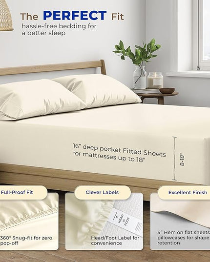 THREAD SPREAD 100% Egyptian Cotton Sheets California King Size - 600 Thread Count 4 PC Luxury Sheets Cal King Size, Soft, Cooling Hotel Luxury Bed Sheets & Pillowcases, Fits Mattress upto 18" - Ivory - LeafyLoom