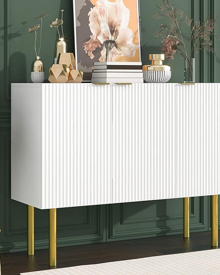 Modern Simple Sideboard with Particle Board & MDF,Luxury Style Buffet Cabinet,W/Gold Metal Legs and Handles,Adjustable Shelves,for Kitchen,Dining Room,White, 47.2" - LeafyLoom