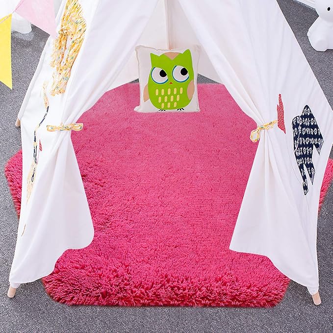 junovo Ultra Soft Rug for Nursery Children Room Baby Room Home Decor Dormitory Hexagon Carpet for Playhouse Princess Tent Kids Play Castle, Diameter 4.6 ft, Hot-pink - LeafyLoom