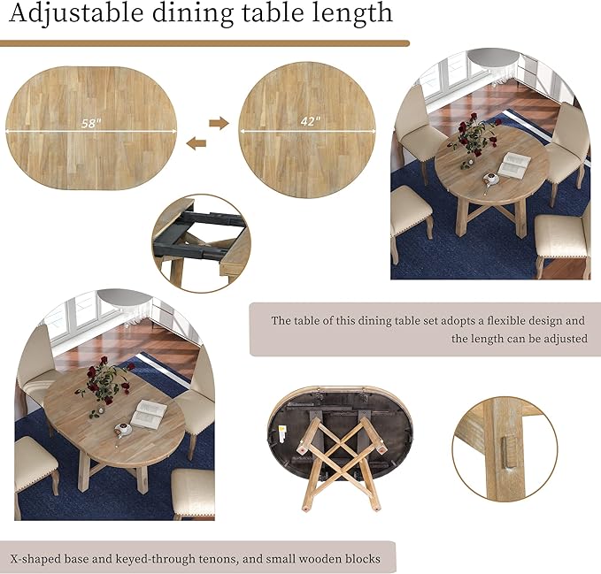 5 Piece Farmhouse Wooden Round Extendable Dining Table Set with 4 Upholstered Chairs for Kitchen Room, Natural Wood Wash 1 - LeafyLoom