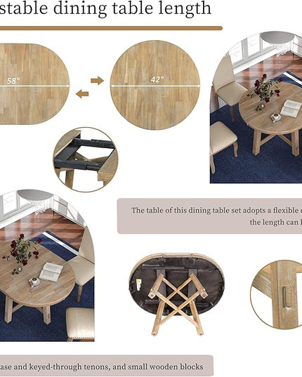 5 Piece Round Farmhouse Wood Dining Table Set with 4 Upholstered Chairs,Extendable Restaurant Furniture,for Kitchen Dinette,Diningroom - LeafyLoom