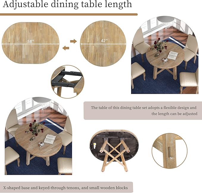5 Piece Round Farmhouse Wood Dining Table Set with 4 Upholstered Chairs,Extendable Restaurant Furniture,for Kitchen Dinette,Diningroom - LeafyLoom