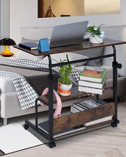 Portable Desk Small Desks for Small Spaces Laptop Table Rustic Rolling Adjustable Desk on Wheels Mobile Couch Desk for Bedroom Home Office Computer Standing Desk Student Desk with Storage 32x16 Inch - LeafyLoom