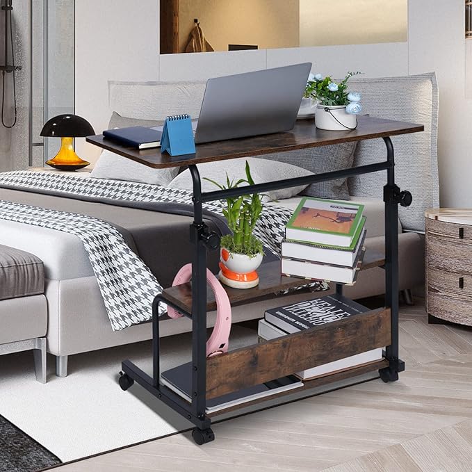 Portable Desk Small Desks for Small Spaces Laptop Table Rustic Rolling Adjustable Desk on Wheels Mobile Couch Desk for Bedroom Home Office Computer Standing Desk Student Desk with Storage 32x16 Inch - LeafyLoom