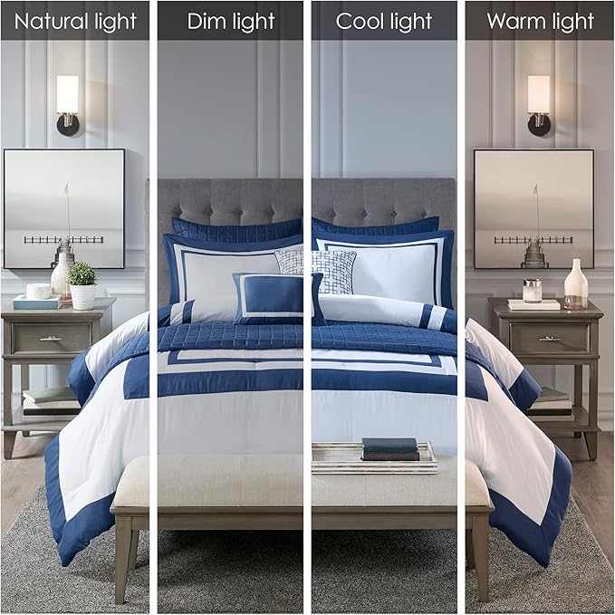 Madison Park Heritage Comforter Quilt Combo Set - Modern Luxury Design, All Season Down Alternative Bedding, Matching Shams, Decorative Pillows, King/Cal King(104"x92"), Color Block Navy 8 Piece - LeafyLoom