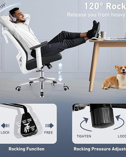Office Chair, Ergonomic Desk Chair High Back Computer Chair Swivel Mesh Task Chair with Adjustable Lumbar Support Armrests Headrest White - LeafyLoom