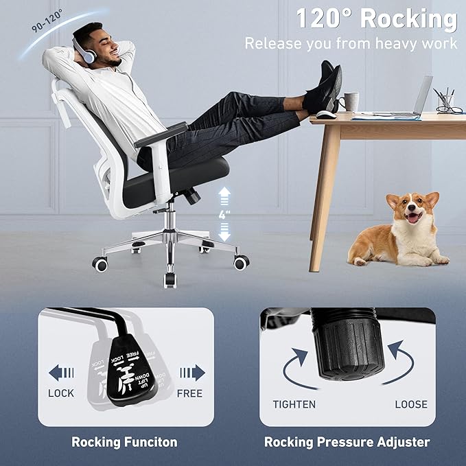 Office Chair, Ergonomic Desk Chair High Back Computer Chair Swivel Mesh Task Chair with Adjustable Lumbar Support Armrests Headrest White - LeafyLoom