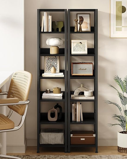 IDEALHOUSE Narrow Bookshelf Tall Skinny Bookcase 6 Tier Storage Rack Rustic Corner Shelf Metal Frame Small Freestanding Bookshelves Industrial Display Stand for Bedroom, Living Room, Home Office - LeafyLoom