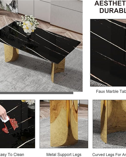 NicBex Modern Minimalist Dining Table The Black Patterned Glass Desktop is Equipped with Golden Metal Legs Suitable for Restaurants and Living Rooms, Black + Gold - LeafyLoom