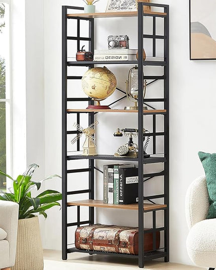 HOMBAZAAR Bookshelf,6 Tier Tall Bookshelf with Metal Frame,Open Bookshelves and Bookcases,Industrial Book Shelf for Living Room,Home Office and Bedroom,Rustic Brown - LeafyLoom