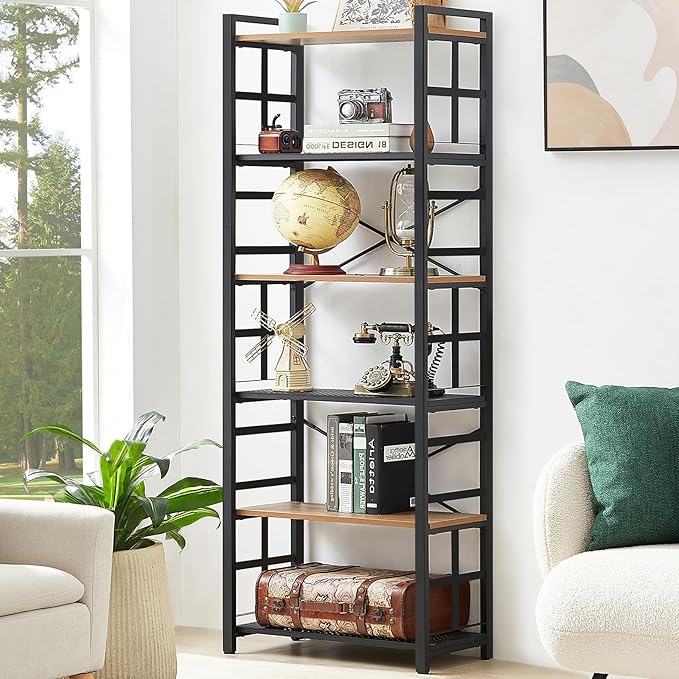 HOMBAZAAR Bookshelf,6 Tier Tall Bookshelf with Metal Frame,Open Bookshelves and Bookcases,Industrial Book Shelf for Living Room,Home Office and Bedroom,Rustic Brown - LeafyLoom