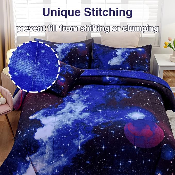 A Nice Night Galaxy 6Pcs Bedding Sets Outer Space Comforter Bed in a Bag 3D Printed Quilt,for Children Boy Girl Teen Kids,Queen 6Pcs - LeafyLoom