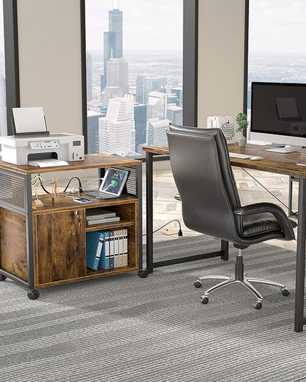 Unikito Lateral File Cabinet, Locking Office Filing Cabinets with Socket and USB Charging Port, Modern Rolling Printer Stand with Storage for A4, Letter Size and File Folders, Rustic Brown - LeafyLoom