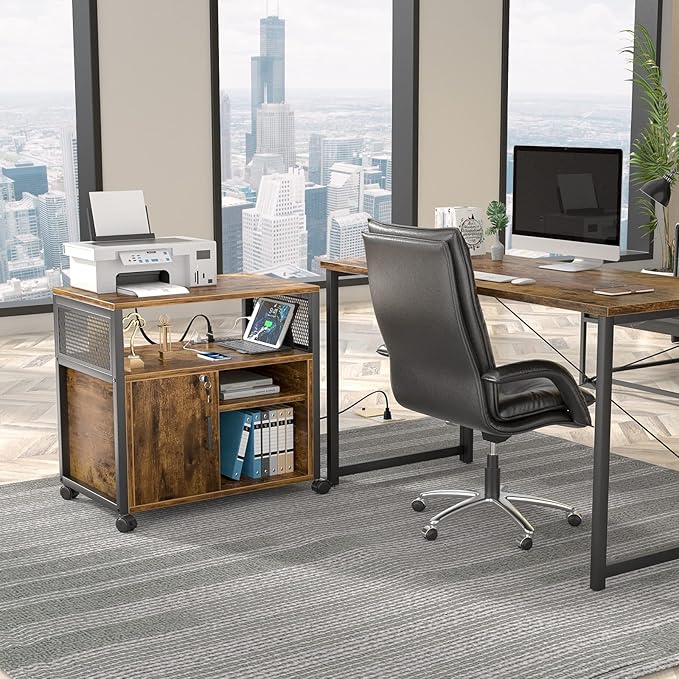 Unikito Lateral File Cabinet, Locking Office Filing Cabinets with Socket and USB Charging Port, Modern Rolling Printer Stand with Storage for A4, Letter Size and File Folders, Rustic Brown - LeafyLoom