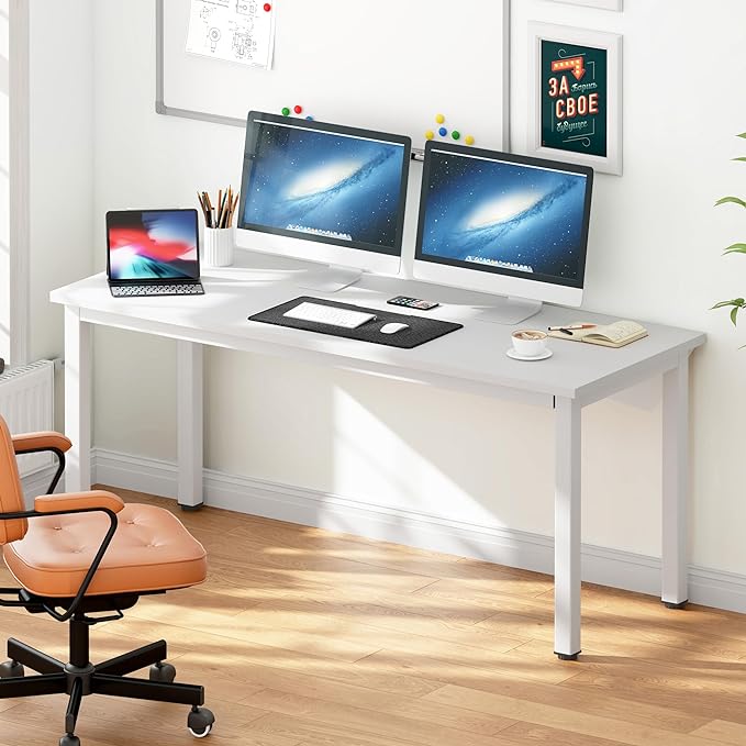 DlandHome 63 inches X-Large Computer Desk, Composite Wood Board School Desk, Decent and Steady Home Office Desk/Workstation/Table, BS1-160WW, White and White Legs, 1 Pack - LeafyLoom