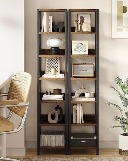 IDEALHOUSE Narrow Bookshelf Tall Skinny Bookcase 6 Tier Storage Rack Rustic Corner Shelf Metal Frame Small Freestanding Bookshelves Industrial Display Stand for Bedroom, Living Room, Home Office - LeafyLoom
