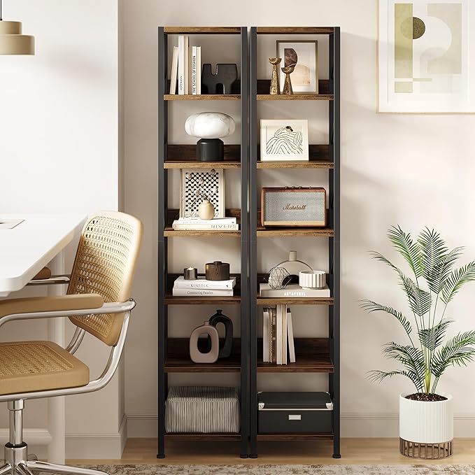 IDEALHOUSE Narrow Bookshelf Tall Skinny Bookcase 6 Tier Storage Rack Rustic Corner Shelf Metal Frame Small Freestanding Bookshelves Industrial Display Stand for Bedroom, Living Room, Home Office - LeafyLoom