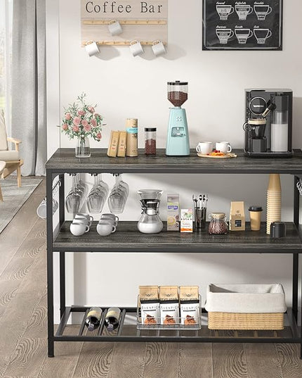Homieasy Kitchen Island with Wine Glass Holder, Industrial Wood and Metal Coffee Bar Wine Rack Table, 3 Tier Spacious Prep Table Extended Counter with Hooks Easy to Assemble, Black Oak - LeafyLoom