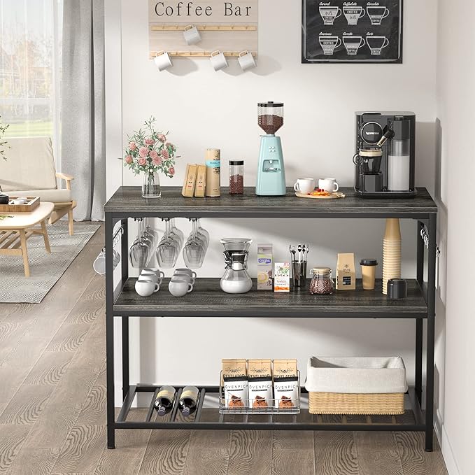Homieasy Kitchen Island with Wine Glass Holder, Industrial Wood and Metal Coffee Bar Wine Rack Table, 3 Tier Spacious Prep Table Extended Counter with Hooks Easy to Assemble, Black Oak - LeafyLoom