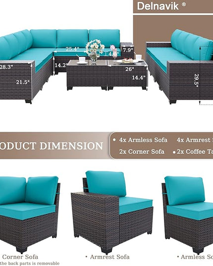 Patio Furniture Set Sofa 12-Pieces Wicker Sectional Sofa Set, Outdoor Furniture Rattan Patio Conversation Set with Thickened Cushions and Glass Coffee Table, Blue - LeafyLoom