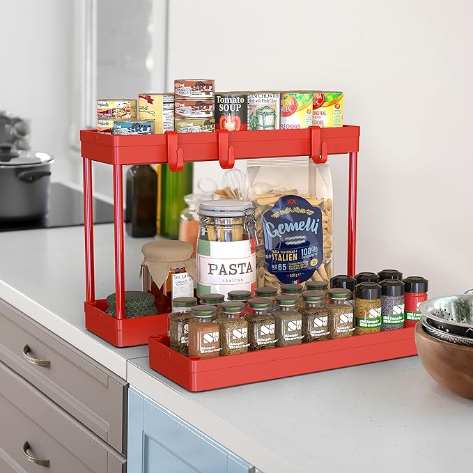 SimpleHouseware Kitchen Cart Storage 3-Tier Slim/Super Narrow Shelves with Handle, 26.5'' Height/5.5'' Width for Narrow Place, Red - LeafyLoom