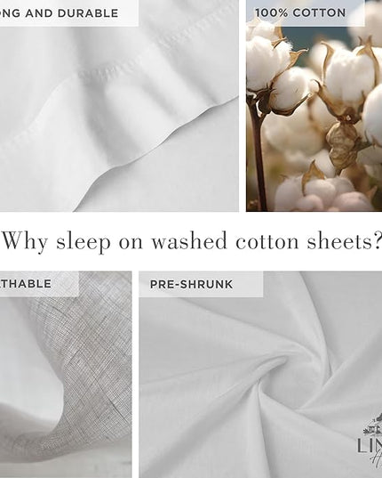 Linen Home Washed Cotton Percale King Sheet Set, White, Deep Pocket, 4 Pieces Bed Sheets - 1 Flat Sheet, 1 Fitted Sheet & 2 Envelope Closure Pillowcases, Cool and Comfortable Bed Linen - LeafyLoom